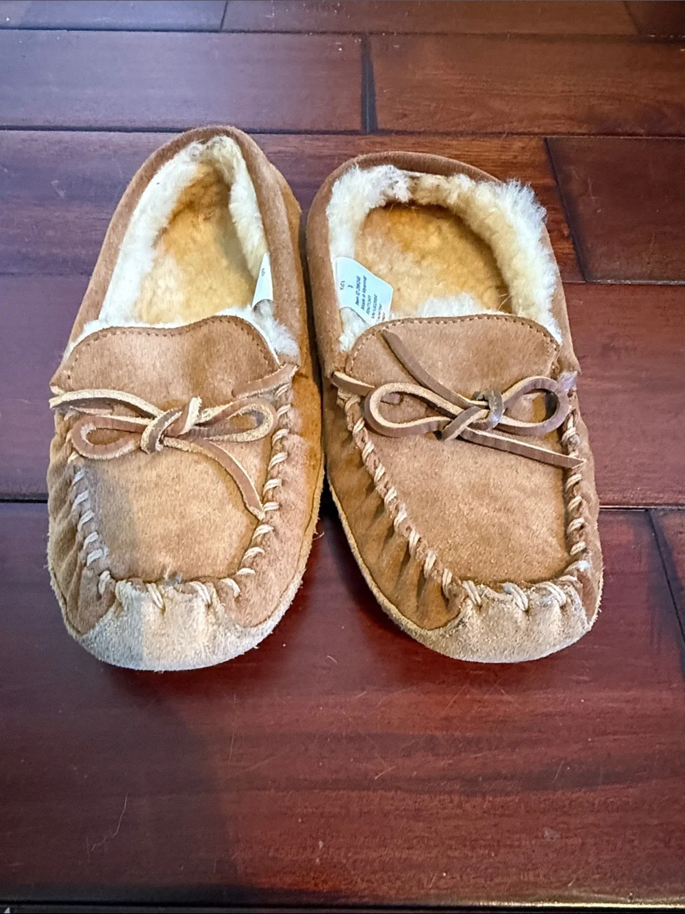 Kid’s LL Bean Suede Moccasin Slippers in Chestnut Brown with Shearling Lining